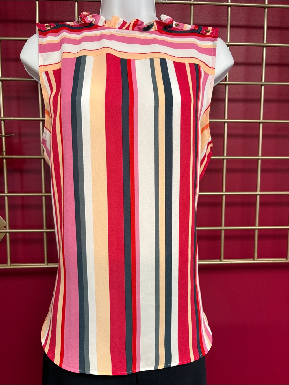 LOFT Multicolor Vertical Stripe Sleeveless Ruffle Neck Top